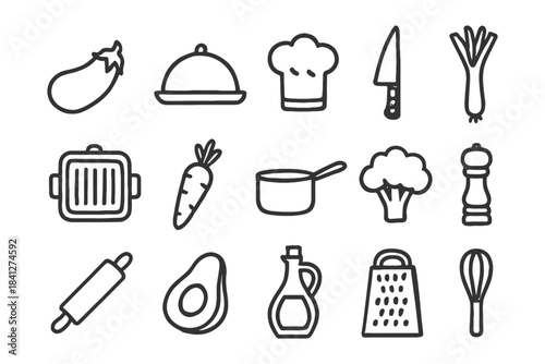 Outline icons of kitchen utensils and vegetables including knife, chef hat, carrot, avocado.