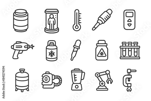 Science equipment icons: beaker, thermometer, pipette, test tubes, blender, robot arm.