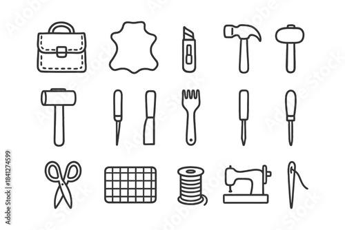 Leatherworking tools line art: mallet, awl, scissors, sewing machine, leather crafting symbols.