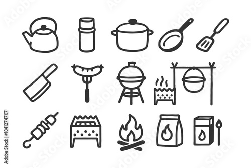 Hand-drawn cooking and bbq icon set featuring kitchen tools and grill elements.