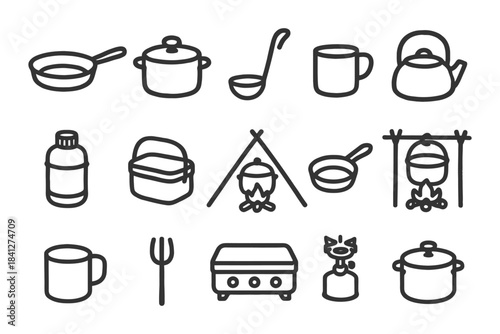 Camping and cooking line icons: cookware, utensils, campfire equipment.
