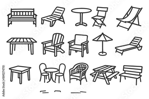 Hand-drawn outdoor furniture collection: chairs, tables, benches, loungers, umbrella.