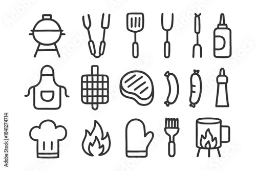 Grill icon set: bbq tools and equipment with black lines.