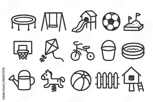 Outdoor playground doodles: swings, slides, sports, and activities.