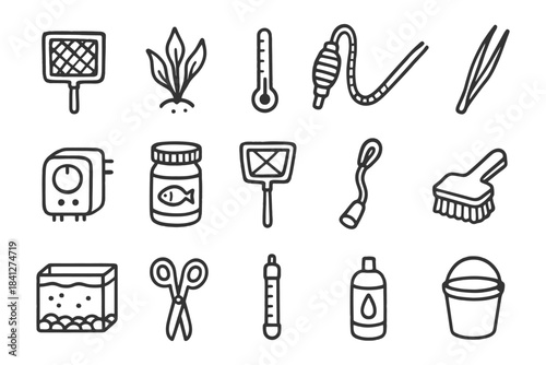 Pet care tools and accessories icons: net, thermometer, feeder, plant, brush, tweezer.