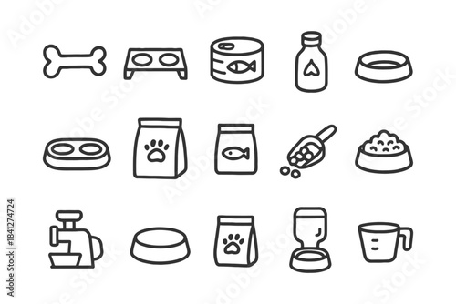 Pet feeding icons: bowls, cans, scoops, and bags.