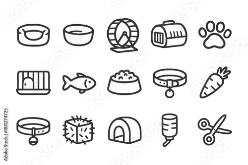Pet supplies icons: bowls, cages, wheels, food, collar, toys, grooming, accessories.