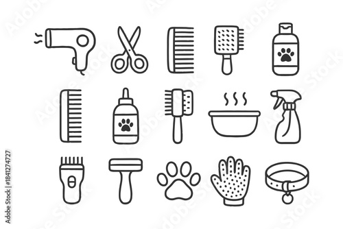 Pet grooming tools icons: hairdryer, scissors, brushes, gloves, collar.