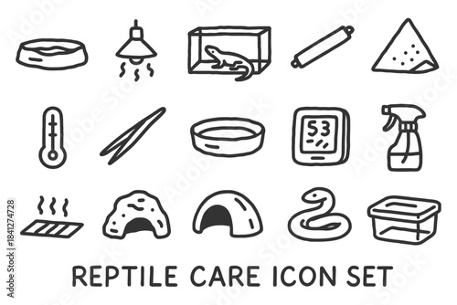 Reptile care icon set: terrarium, snake, thermometer, spray bottle, heat lamp.