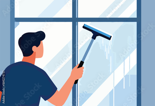 Person cleaning window with squeegee, leaving streaks of water on glass
