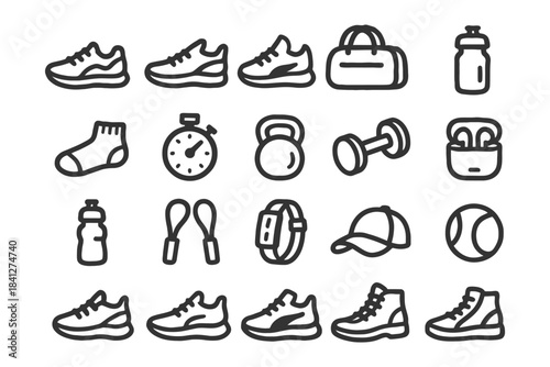 Fitness equipment icons set: shoes, weights, timer, jump rope, water bottle.