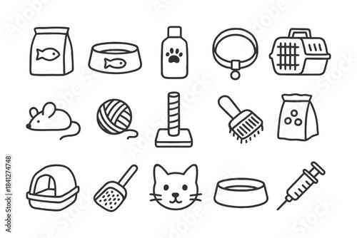 Essential cat supplies: bowls, collars, toys, litter box, carrier, food.