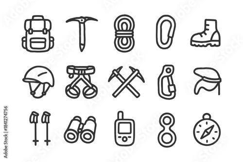 Essential mountain climbing gear: icons of equipment for safe outdoor adventure.