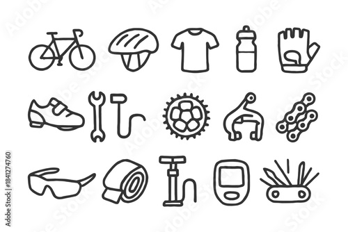 Cycling gear icons: helmets, bikes, tools, apparel, accessories.
