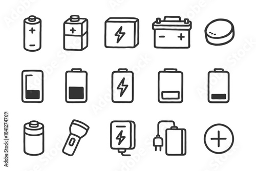 Various battery icons and symbols in black and white illustration.