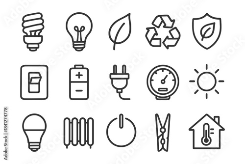 Eco-friendly energy icons set including light bulb, leaf, recycle, battery, plug, and solar.