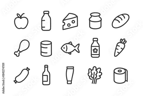 Simple line art icons of food and household items.
