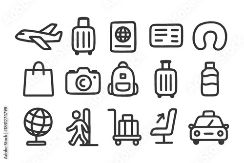 Travel icons set: airplane, luggage, passport, camera, taxi.