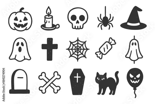 Halloween icons: pumpkin, skull, spider, witch hat, ghost, cross, web, candy, cat, balloon.