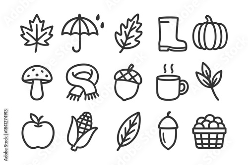 Autumn icons collection: leaves, umbrella, boots, pumpkin, mushrooms, scarf, acorns, hot drink, apple, corn.