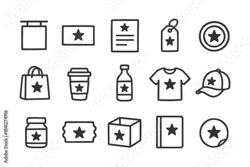 Collection of 16 minimalist star icons for various products and packaging.