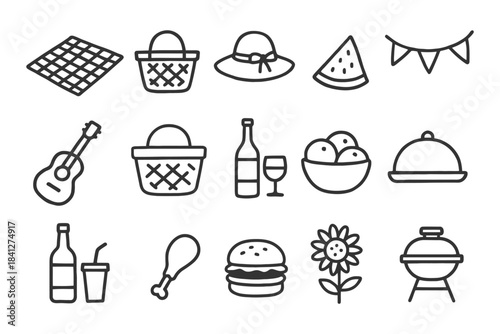 Picnic essentials set: basket, hat, wine, grill, guitar, and more in line art.