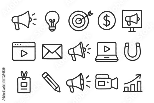Hand-drawn marketing icons featuring megaphone, light bulb, target, and video elements.