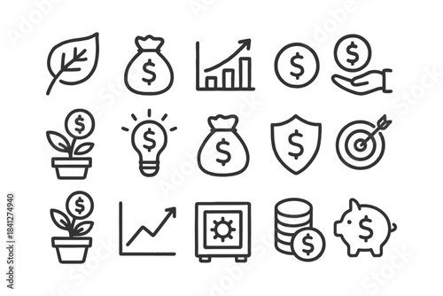 Financial growth and security icons: investment, savings, and profit concepts.
