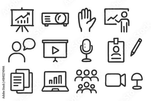 Business icons: charts, projector, microphone, meeting symbols.