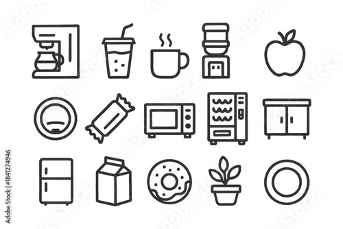 Minimalist kitchen and office icons: coffee, appliances, food items, and plants.