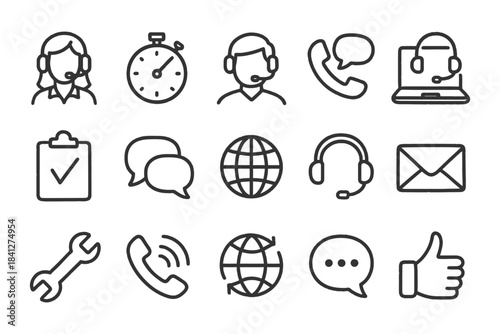 Customer support icons set: headset, phone, chat, globe, wrench, stopwatch, email, thumbs up.