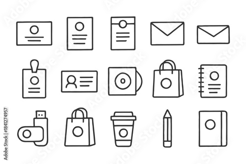 Collection of office and stationery icons including id cards, envelopes, usb, bags, coffee cup, and notebook.