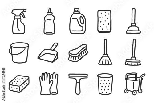 Hand-drawn cleaning tools icons: sponge, bucket, gloves, mop, detergent, spray bottle.