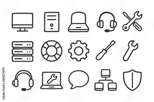 Tech icons: computer, laptop, headphones, tools, network, shield, speech bubble.