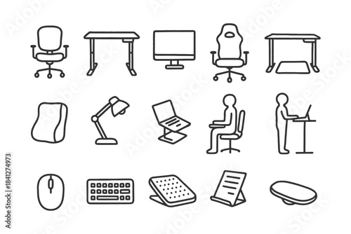 Office furniture and equipment icons: desk, chair, laptop, workspace essentials.