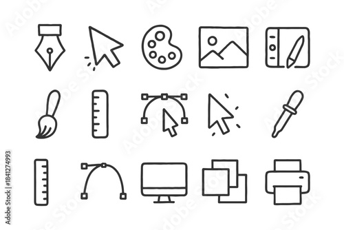 Digital design tools icons: cursor, paintbrush, palette, screen, printer, pipette, vector graphics.