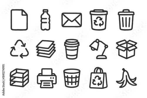 Hand-drawn recycling and office icons: paper, plastic, and more.