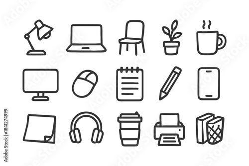 Minimalist office icon set: lamp, laptop, chair, plant, mug, screen, mouse, notepad, pencil.