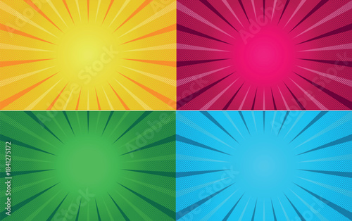 Comic Sunburst Ray Backgrounds Set with Halftone Effect, set of abstract backgrounds