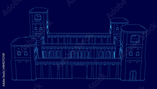 A modular fortress blueprint features a palace with a clock tower, intricate details, and a grand entrance against a dark blue contour background.