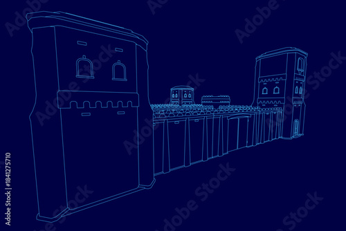 A modular fortress 3D model features a central clock tower and intricate architectural details. The majestic castle contour stands against a solid blue background.