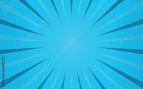 Blue Comics rays background with halftones. Vector summer backdrop illustrations stock illustration, blue sunburst background