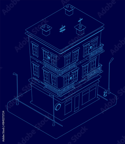 Low poly house contour blueprint on a deep blue background, featuring a hotel design with a prominent entrance and multiple windows. Two vertical poles frame the architectural concept art.