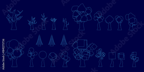 Low poly tree pack with symmetrical contour shapes on a stark blue background. The overlapping forms create a clean, modern graphic composition.