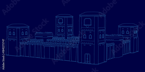 A modular fortress temple with a prominent clock tower features intricate blue contour lines against a dark background, showcasing its detailed architectural grandeur.