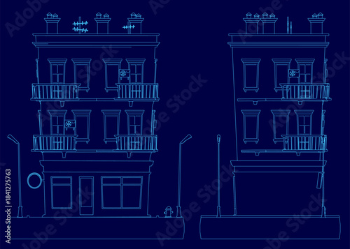 Low poly house blueprint with numerous windows and balconies, illuminated by street lights against a deep blue background.