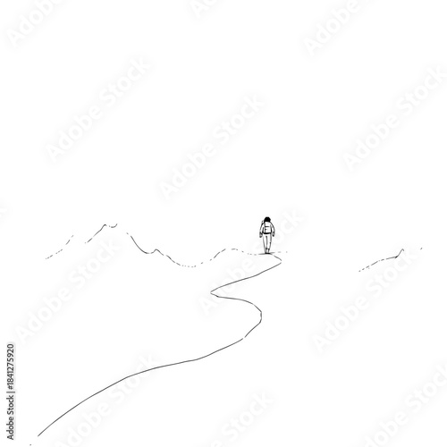 Minimalist line drawing of a lone figure walking on a winding path through a vast, empty, and serene landscape