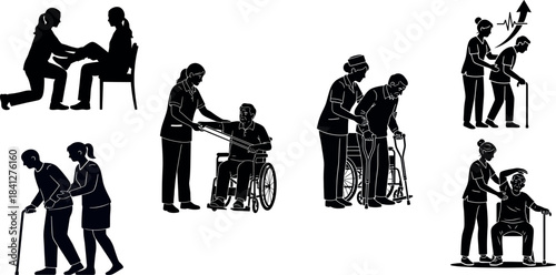 Elderly Caregiving Silhouette Set: Nursing, Physiotherapy, and Disabled Assistance