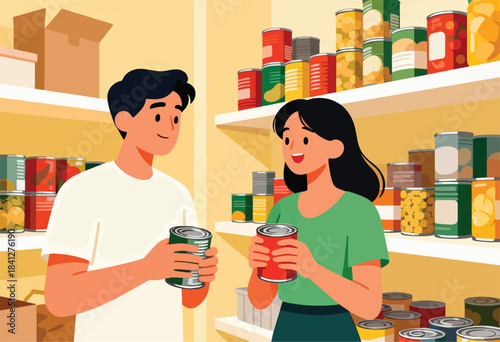 Couple organizing pantry shelves filled with colorful canned goods and boxes