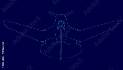 Retro airplane blueprint on a blue background features a clean white contour outline with detailed wings and a forward-pointed nose. The stark contrast creates a bold technical illustration.
